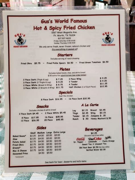 Menu at Gus’s World Famous Fried Chicken restaurant, Fort Worth