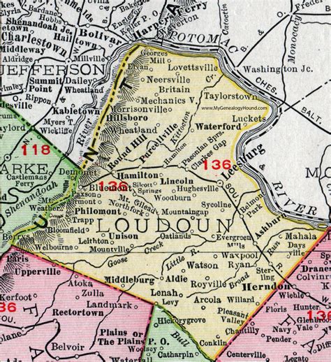 Loudoun County, Virginia, Map, 1911, Rand McNally, Leesburg, Sterling ...