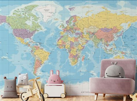 Blue Color World Map Political Nursery Wallpaper Murals