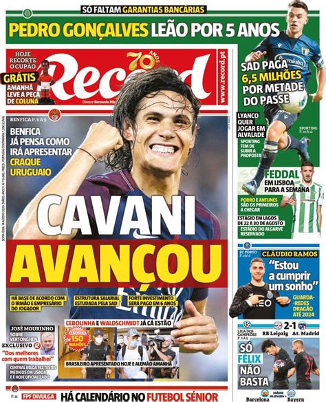 Capa Jornal Record - 14 agosto 2020 - capasjornais.pt