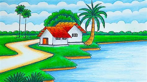 How to draw beautiful village scenery Indian village drawing easy step by step with nature ...