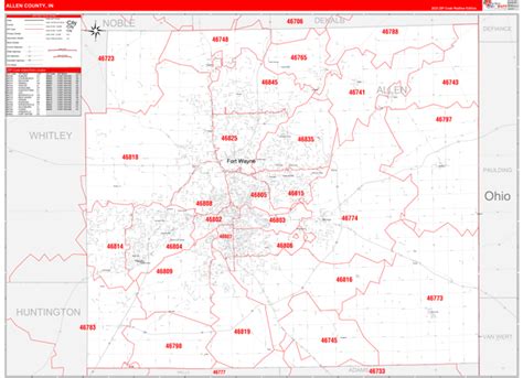 Allen County, IN Zip Code Wall Map Red Line Style by MarketMAPS - MapSales