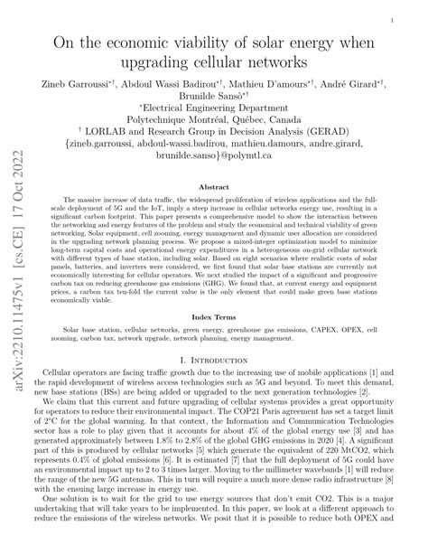 (PDF) On the economic viability of solar energy when upgrading cellular networks