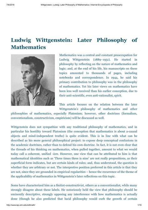 (PDF) Ludwig Wittgenstein: Later Philosophy of Mathematics. Entry in Internet Encyclopedia of ...