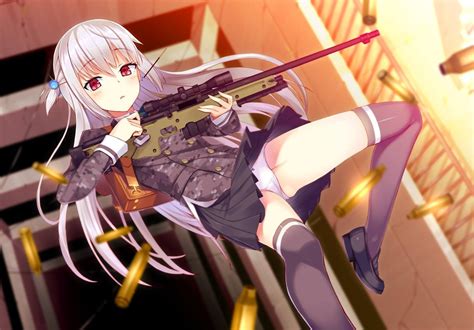 Wallpaper : gun, long hair, white hair, anime girls, weapon, knee highs ...