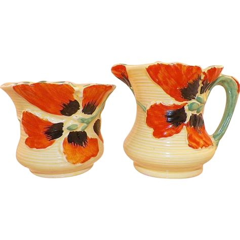 Art Deco Burleigh Ware Creamer and Sugar Black Orange Flowers from karensfinds on Ruby Lane