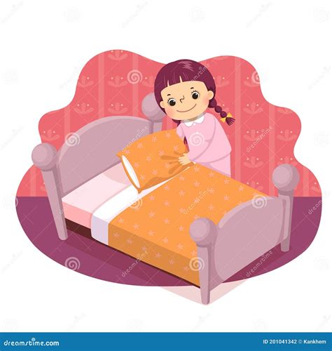 Cartoon of a Little Girl Making the Bed. Kids Doing Housework Chores at Home Concept Stock ...