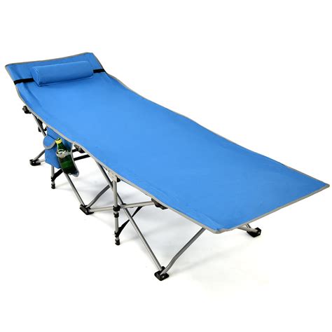 Folding Camping Cot Heavy-Duty Outdoor Cot Bed w/ Side Storage Pocket ...