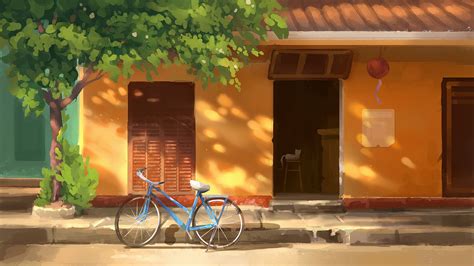 bicycle, digital art, artwork, street, town, trees, road, sidewalks ...