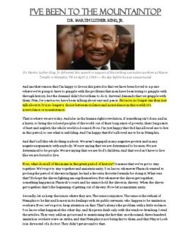 Reading and Questions: MLK Jr.'s "I've Been to the Mountaintop" Speech