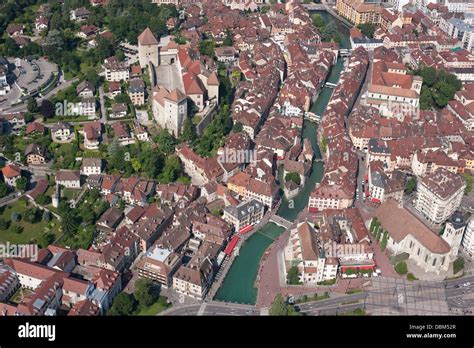 OLD ANNECY (aerial view). The medieval castle and the Thiou River ...