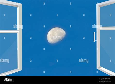 View of moon through open window. Sky panorama. View of moon in blue ...