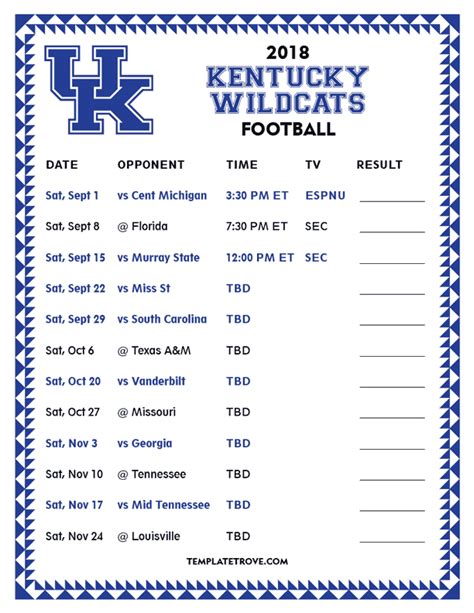 Printable Kentucky Football Schedule