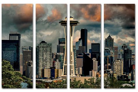 Seattle Skyline Canvas Print Wall Art dramatic 4 Panel Split Seattle ...