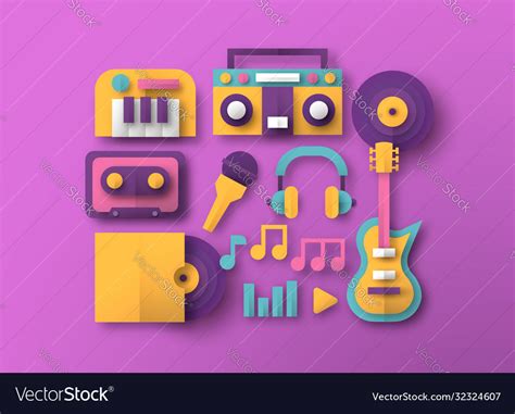 Colorful music instrument paper cut icon set Vector Image