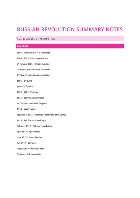 Russian revolution summary notes - RUSSIAN REVOLUTION SUMMARY NOTES AOS 1: CAUSES OF REVOLUTION ...