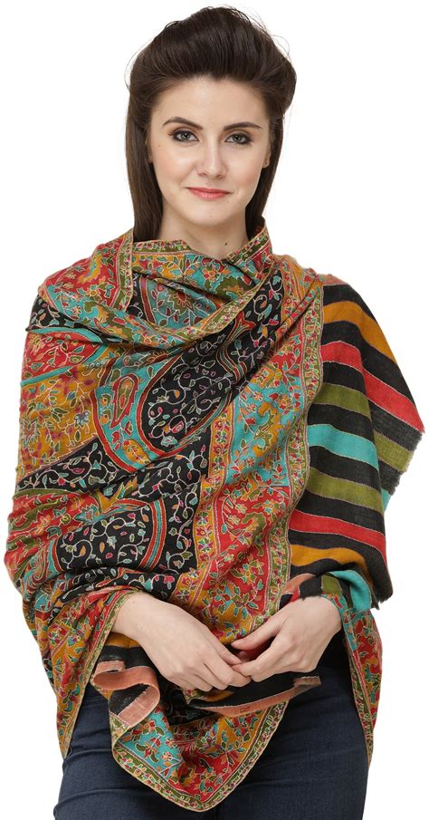 Caviar-Black Pure Pashmina Shawl from Kashmir with Kalamkari Embroidery All-Over | Exotic India Art