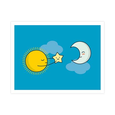 Sun and Moon Art Print Cute Doodles. Wall Art Kawaii