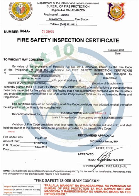 Fire Safety Inspection Certificate – August 10 Enterprises