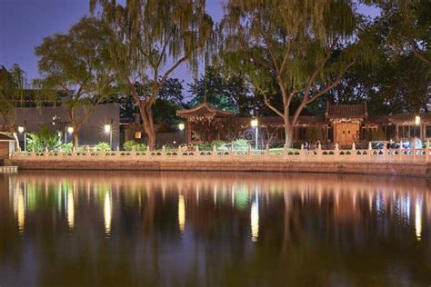 Night View of the Shichahai Historic Scenic Area Consisting of Three Lakes in Central Beijing ...