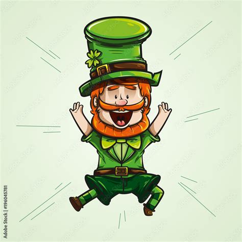 cheerful Irish goblin with a big smile, jumping with joy with open hands. vector illustration ...