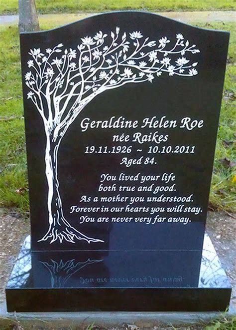 Tree themed memorial - a unique design by stonemason Andy Manuell. White enamel inscription on ...