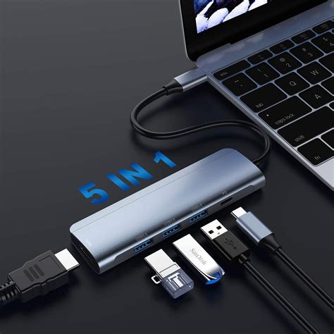 USB C Hub Type C Hub Adapter, Ablewe 5 in 1 Aluminum USB C to HDMI 4K Adapter with 3 USB 3.0 ...