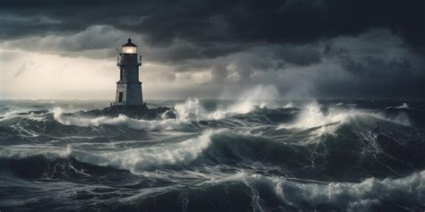 Premium AI Image | storm on the ocean and lighthouse stormy sky detailed realistic photo ...