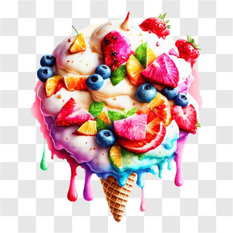 Download Colorful Fruit Ice Cream Cone with Rainbow Toppings PNG Online ...