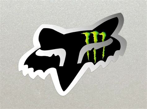 2 x Fox Racing Head, Black with Silver outline, Monster Energy logo Stickers.