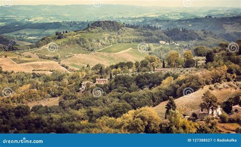 Natural Landscape of Tuscany with Trees, Green Hills and Medieval ...