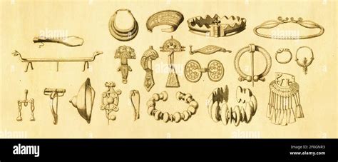 Antique illustration of artefacts from Late Bronze Age and Iron Age ...