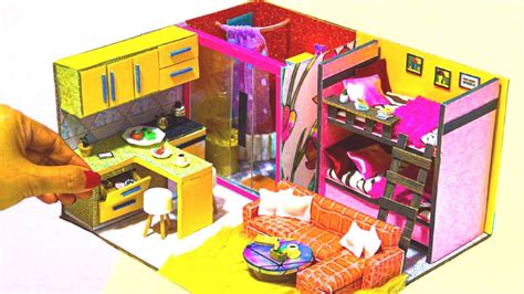 DIY Miniature Cardboard box dollhouse #5 with bunk bed bedroom, living room, toilet, kitchen etc ...