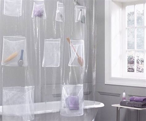 Shower Curtain With Pockets | Vinyl shower curtains, Tiny bathrooms, Bathroom storage