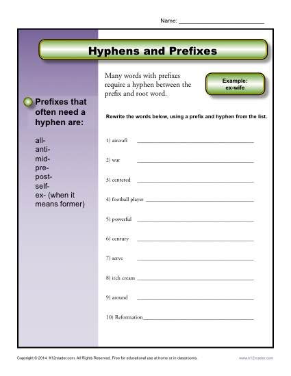 Hyphens and Prefixes | Punctuation Worksheets