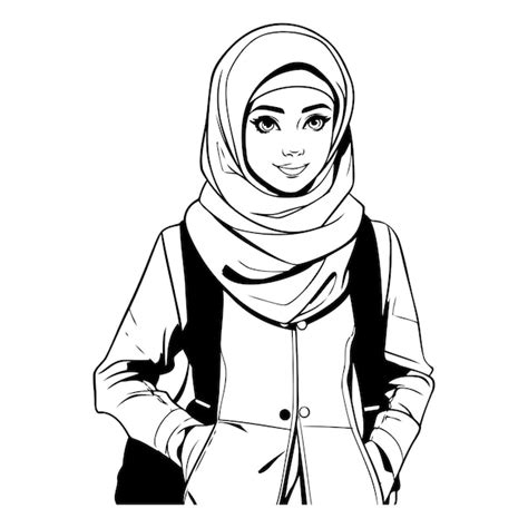 Premium Vector | Beautiful muslim woman with hijab in black and white