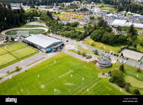 An aerial view of the Q Centre arena at Westshore Parks and Recreation, Colwood, BC, Canada ...