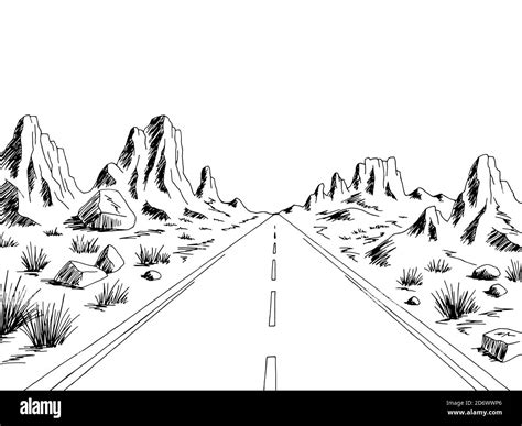 Prairie road graphic black white desert landscape sketch illustration vector Stock Vector Image ...