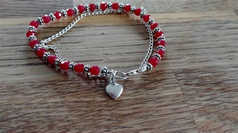 Bracelet With Red Jade and pure Silver Beads With A silver Chain & Heart Charm