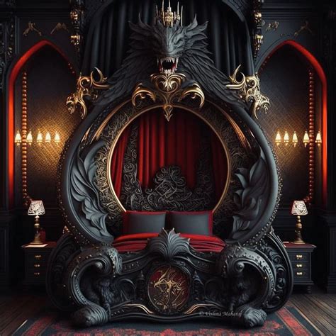 an elaborately decorated bed in a dark room with red curtains and gold trimmings