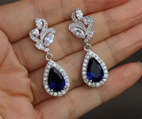 cz earring blue bridal earring sapphire earring dark blue