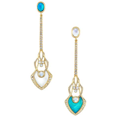 Diamond, Moonstone, and Opal Mismatched Statement Earrings For Sale at 1stDibs