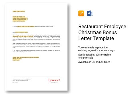 Restaurant Employee Christmas Bonus Letter Template in Word, Apple Pages