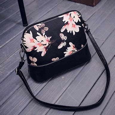 Floral Shoulder Bag - Curved Top / Removable Strap / Black / Flower