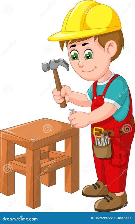 Funny Worker with Hammer and Nail Cartoon Stock Illustration ...