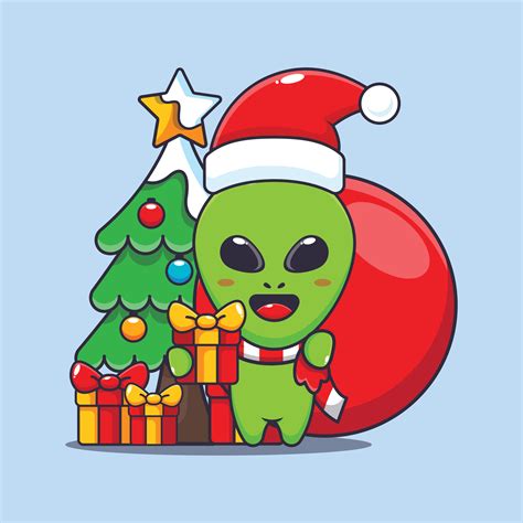 Cute alien carrying christmas gift. Cute christmas cartoon character ...