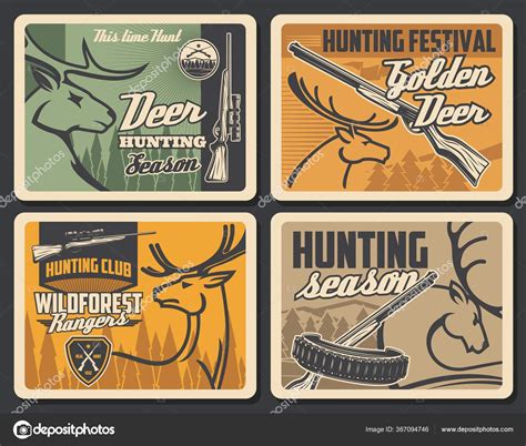 Hunter Club Wild Animals Hunt Season Vector Vintage Retro Posters Stock ...