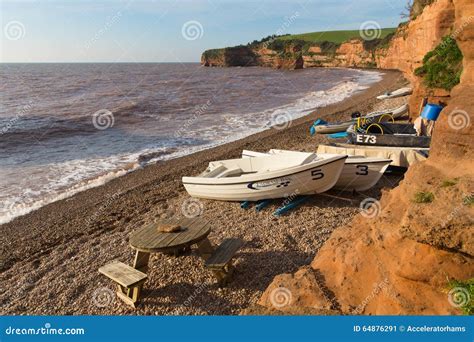 Ladram Bay Beach Devon England UK with Boats Red Sandstone Rock Jurassic Coast Editorial Photo ...