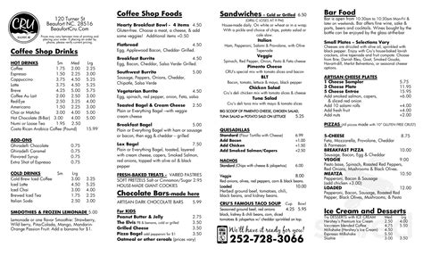 Cru Wine Bar, Coffee Shop & Wine Store menu in Beaufort, North Carolina, USA