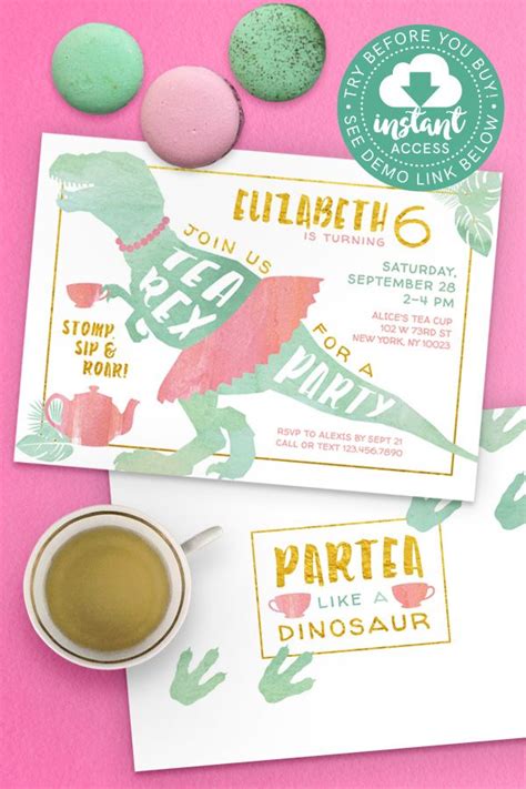 Tea Rex Invitation • Dinosaur Tea Party for Girls • Edit & Download Instantly! in 2021 | 3rd ...